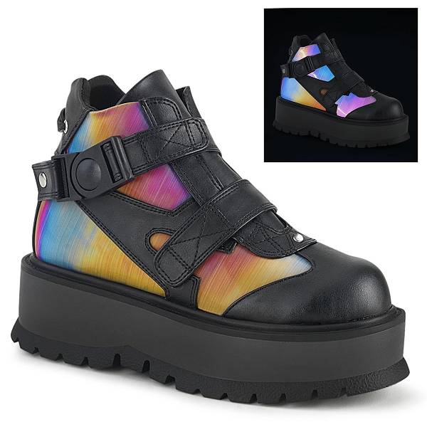 Demonia Women's Slacker-32 Platform Boots - Black Vegan Leather/Rainbow Reflective D7016-95US Clearance